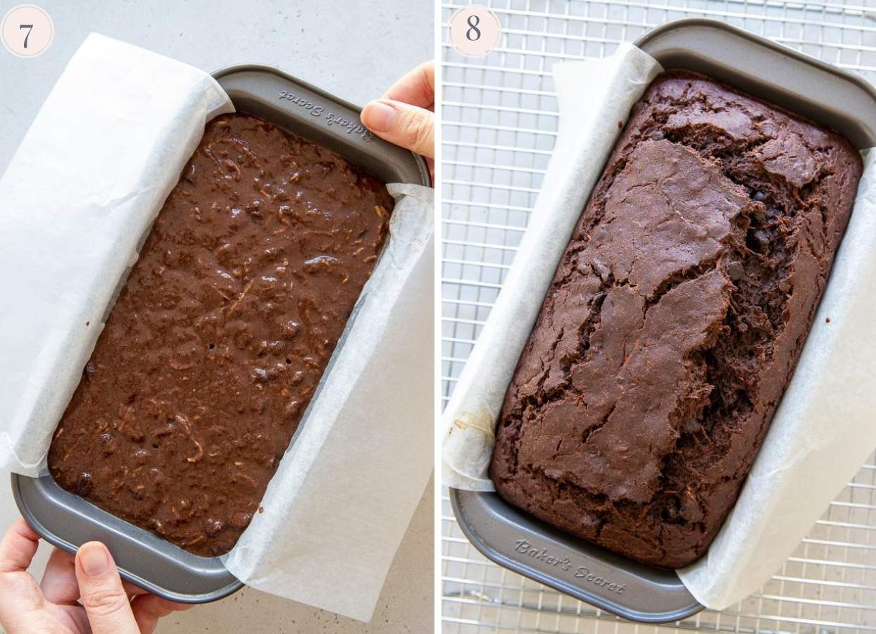 picture collage showing a chocolate zucchini bread before and after baking 