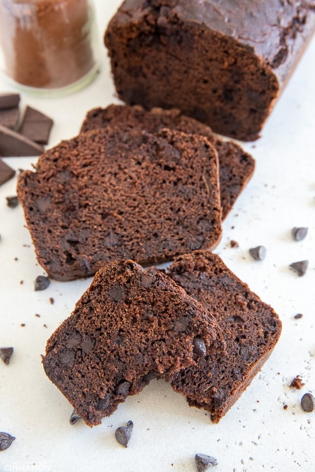 slices of healthy gluten-free chocolate zucchini bread studded with chocolate chips 