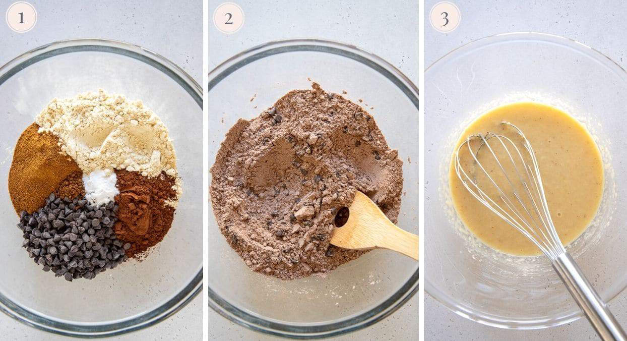 picture collage demonstrating how to make chocolate zucchini bread batter 