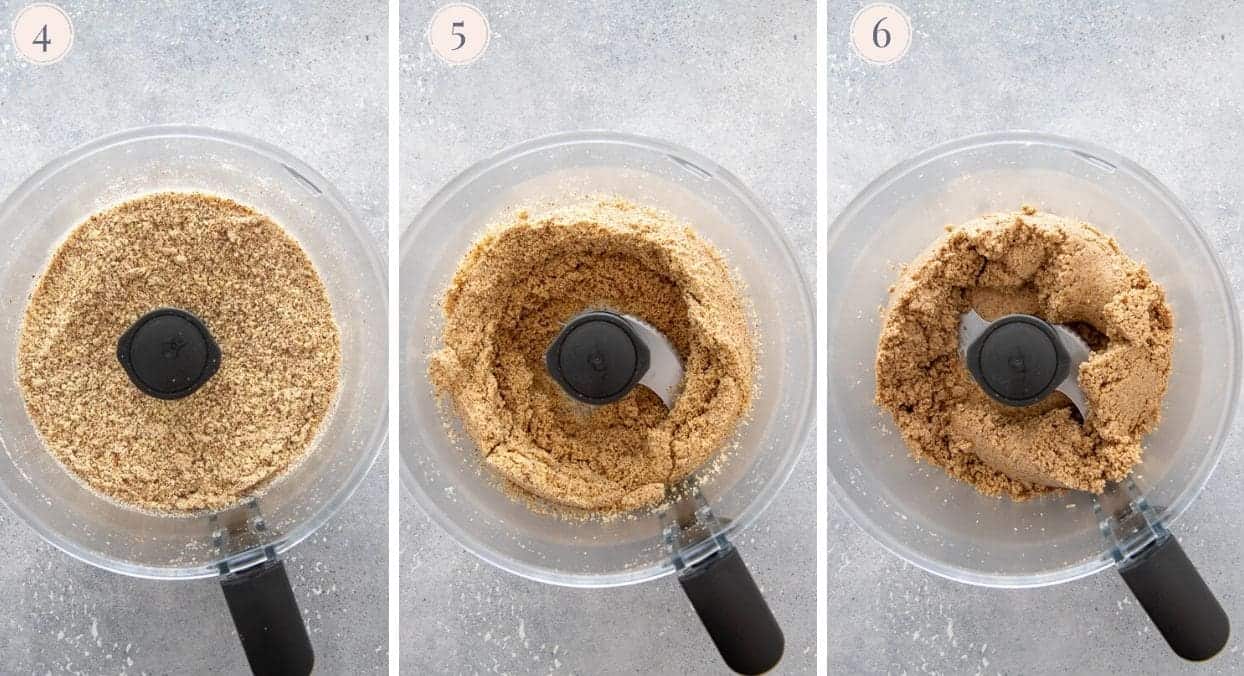 almonds being ground in a food processor to make almond butter