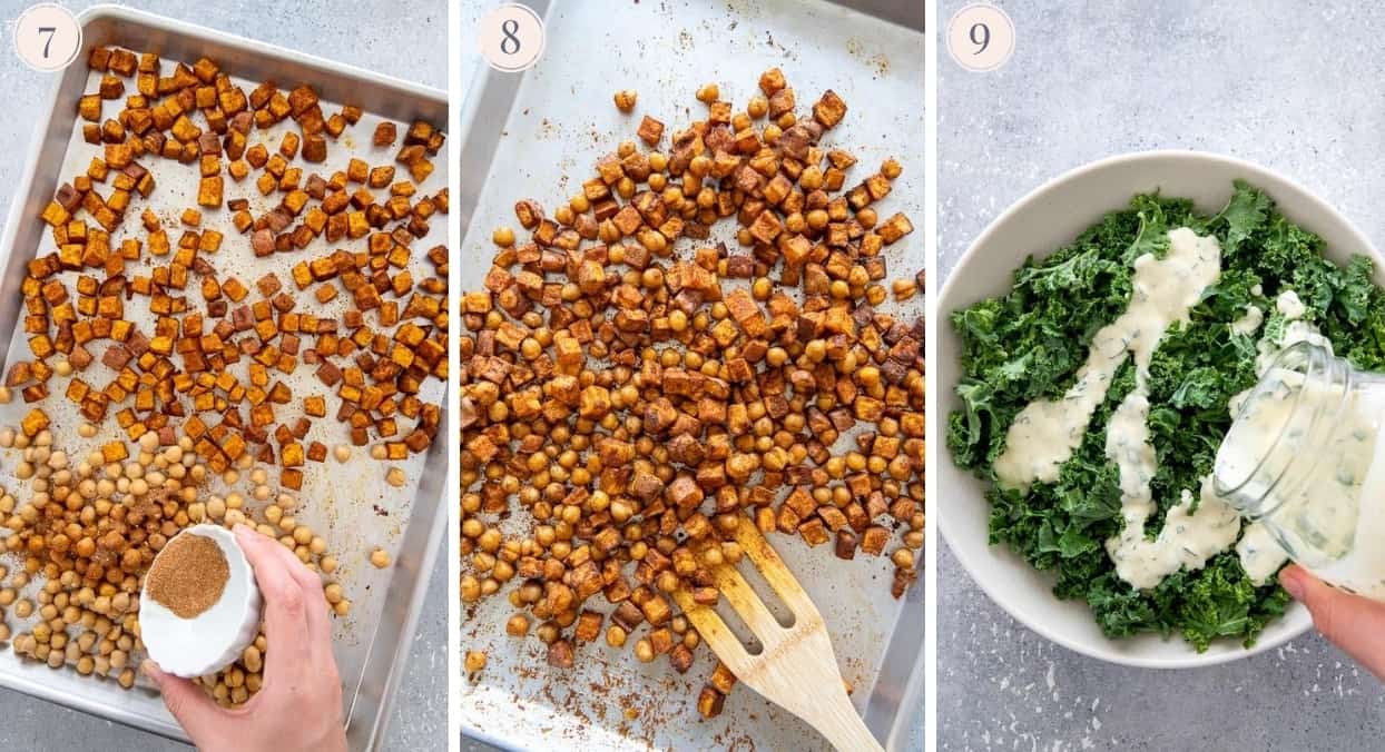 picture collage demonstrating sweet potatoes being roasted along with chickpeas