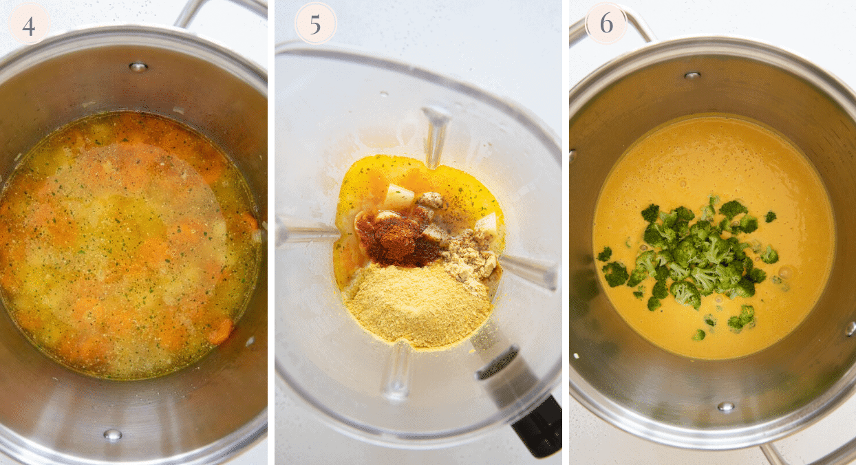 picture collage demonstrating how to blend vegan broccoli cheese soup in a blender