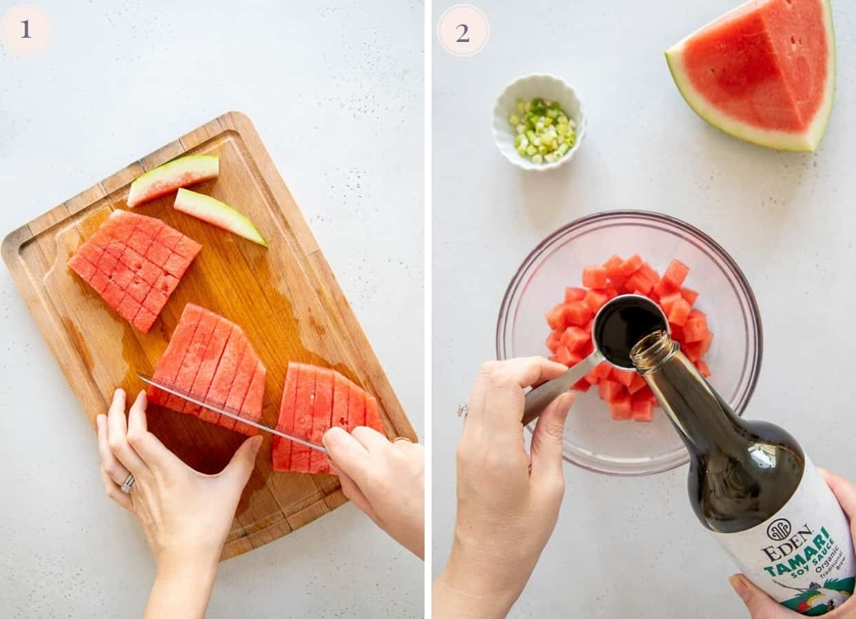 picture collage demonstrating how to make watermelon tuna for vegan poke bowl recipe