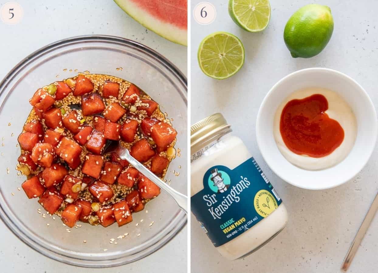 picture collage showing a bowl of watermelon tuna and a small bowl with sriracha mayo