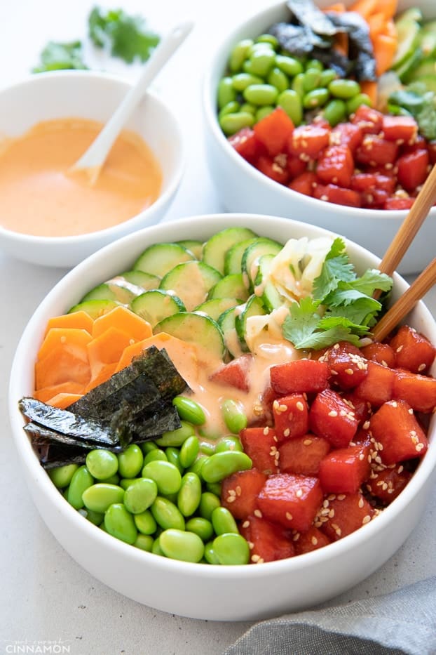 side view of vegan poke bowl with watermelon tuna 