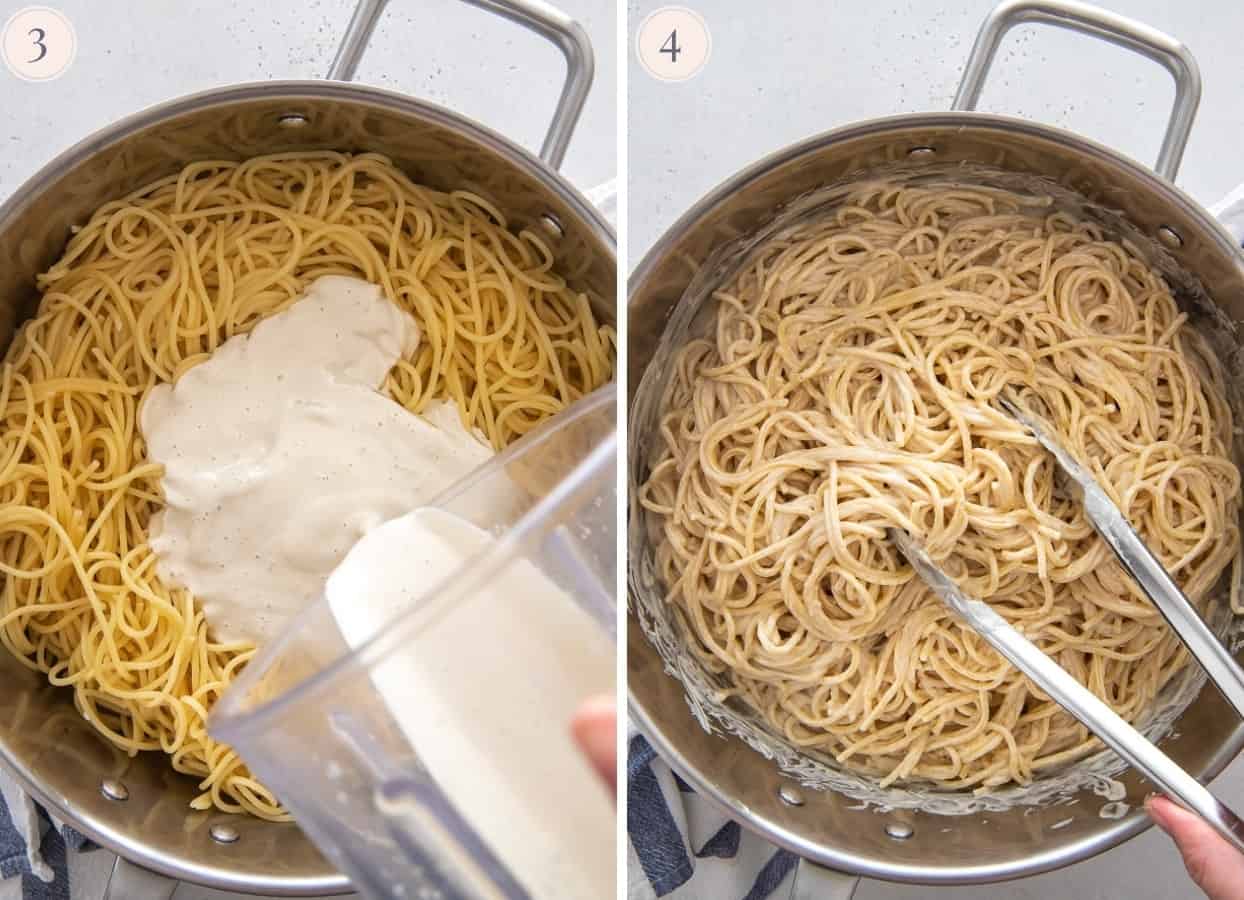 picture collate demonstrating how to toss al dente spaghetti pasta with creamy vegan tahini sauce