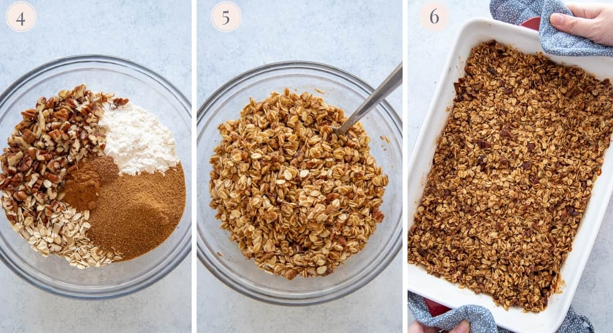 picture collage demonstrating how to make oat topping for apple crisp