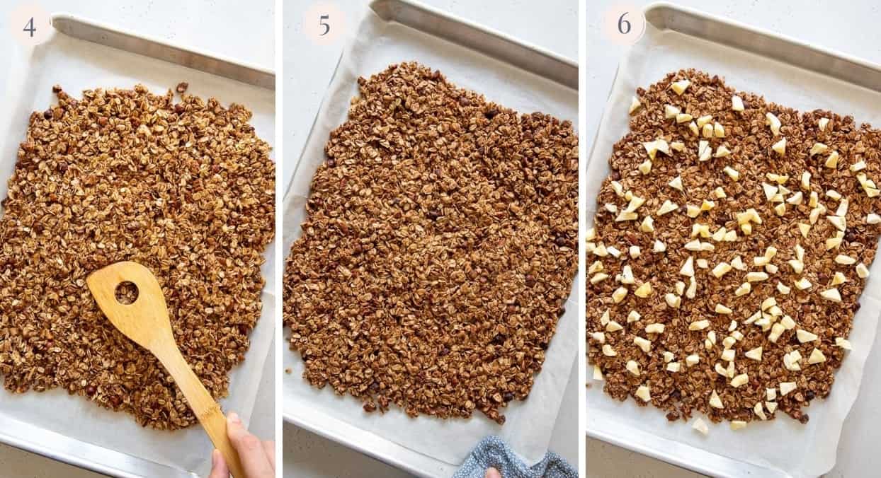 healthy apple pie granola being baked on a sheet pan - step by step pictures