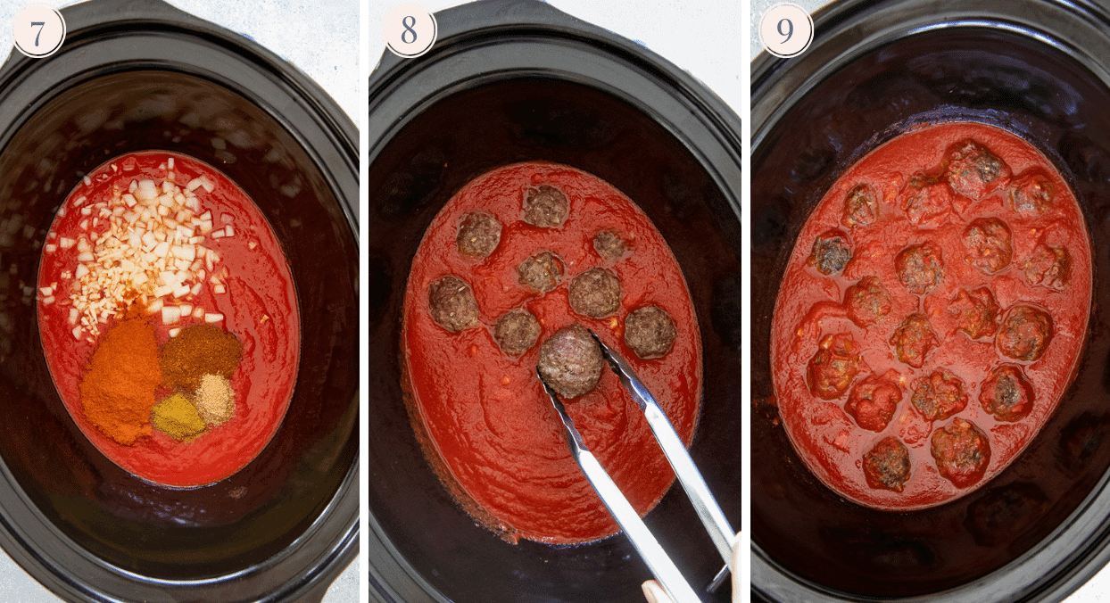 picture collage demonstrating how to make bbq beef meatballs in a slow cooker