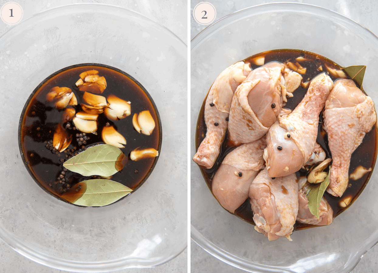 picture collage demonstrating how to marinate chicken drumsticks to make chicken adobo recipe 