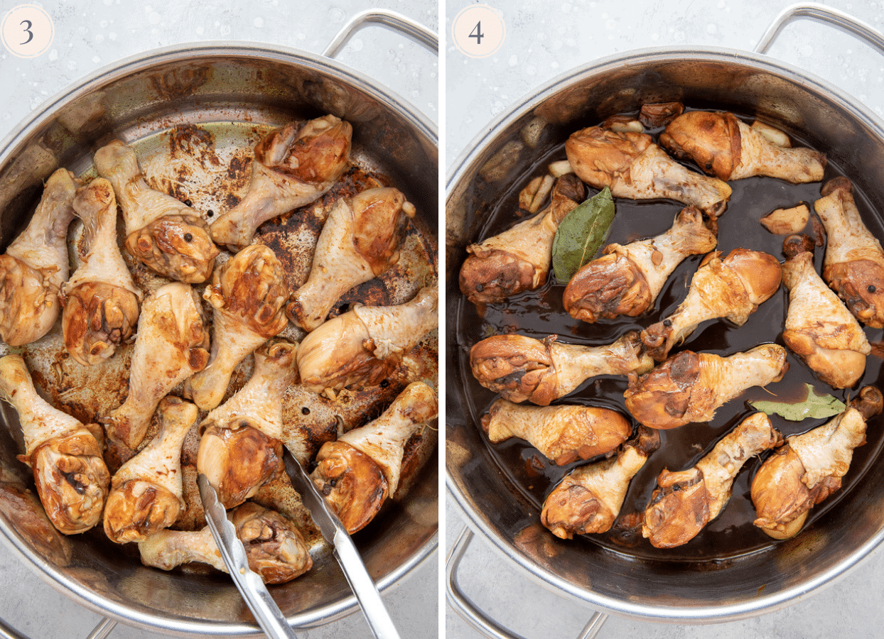 chicken drumsticks being seared in a silver saucepan then simmered in soy sauce to make chicken adobo 