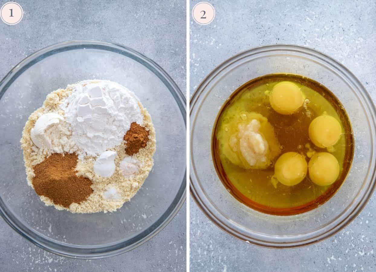  ingredientes para pan de manzana de miel paleo mezclado en dos cuencos de vidrio