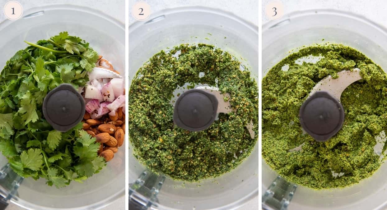 picture collage demonstrating how to make cilantro pesto in a blender 