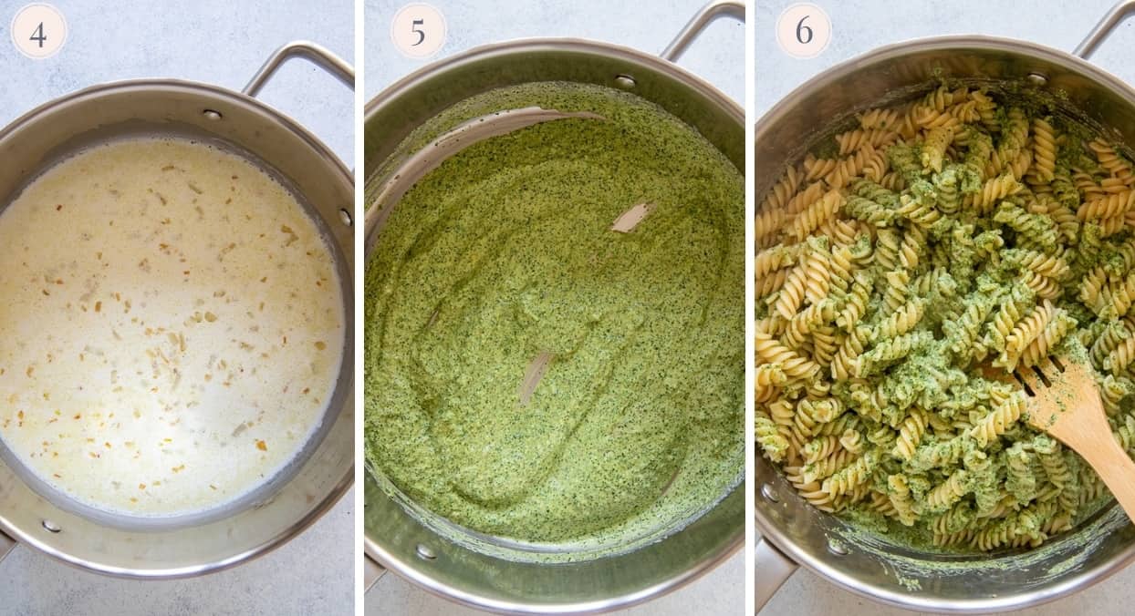 creamy cilantro pasta sauce being prepared in a saucepan and tossed with rotini 