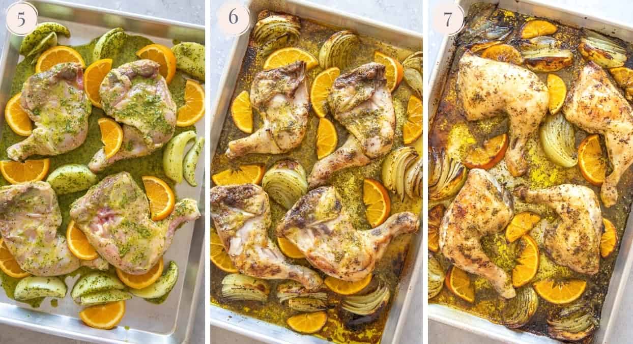 picture collage demonstrating how to roast Cuban Mojo Chicken on a sheet pan 