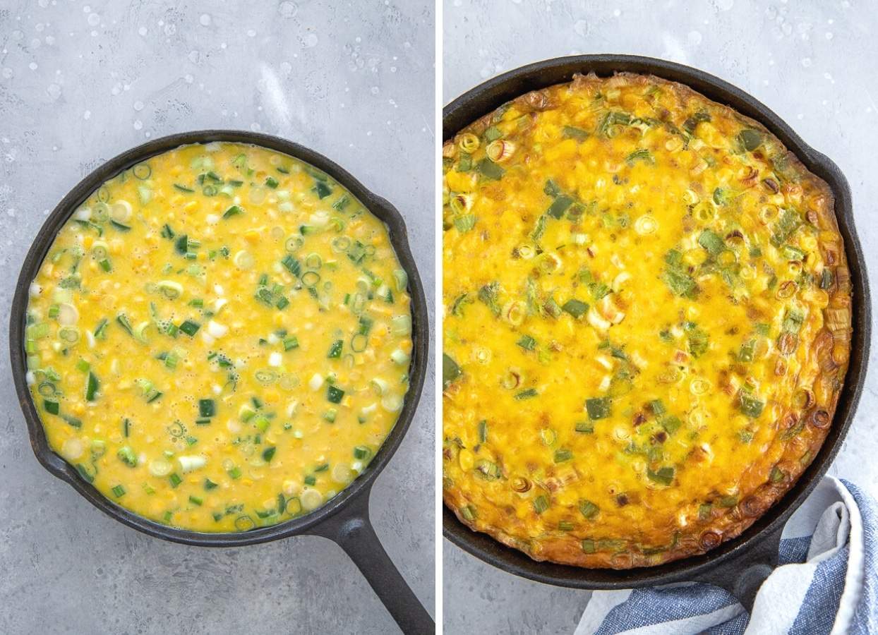 picture collage with a healthy dairy-free corn casserole before and after baking 