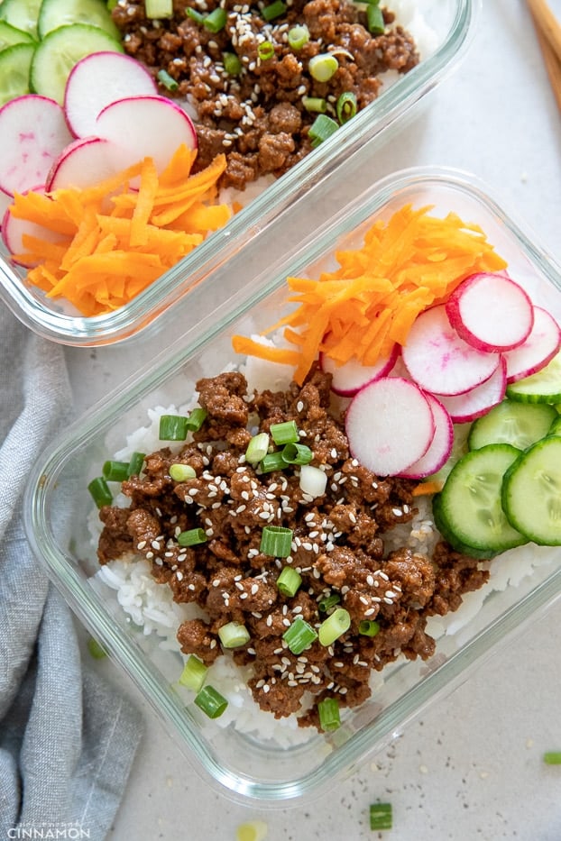 Korean Beef Bowls with rice and assorted veggies in Meal Prep Containers 