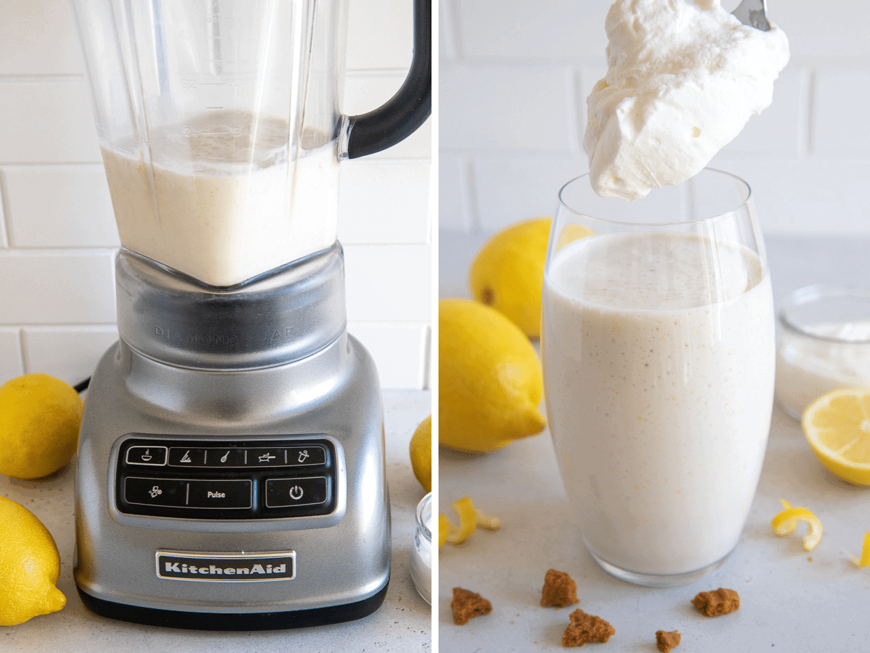 picture collage demonstrating how to make lemon cream pie protein shake using healthy ingredients