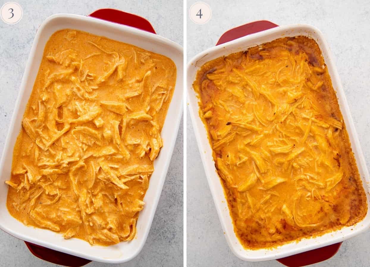 healthy buffalo chicken dip in a white casserole dish ready for baking 