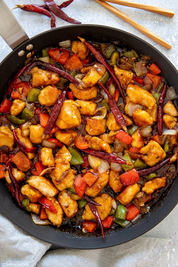 overhead shot of Chinese Szechuan Chicken Stir-fry