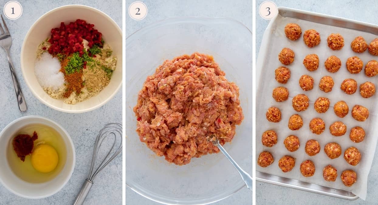 a picture collage demonstrating how to make baked turkey meatballs