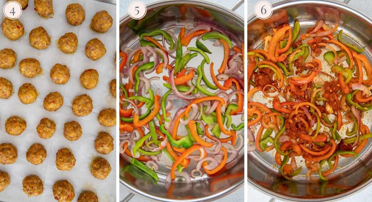 picture collage demonstrating how to bake turkey meatballs in the oven and make thai curry sauce