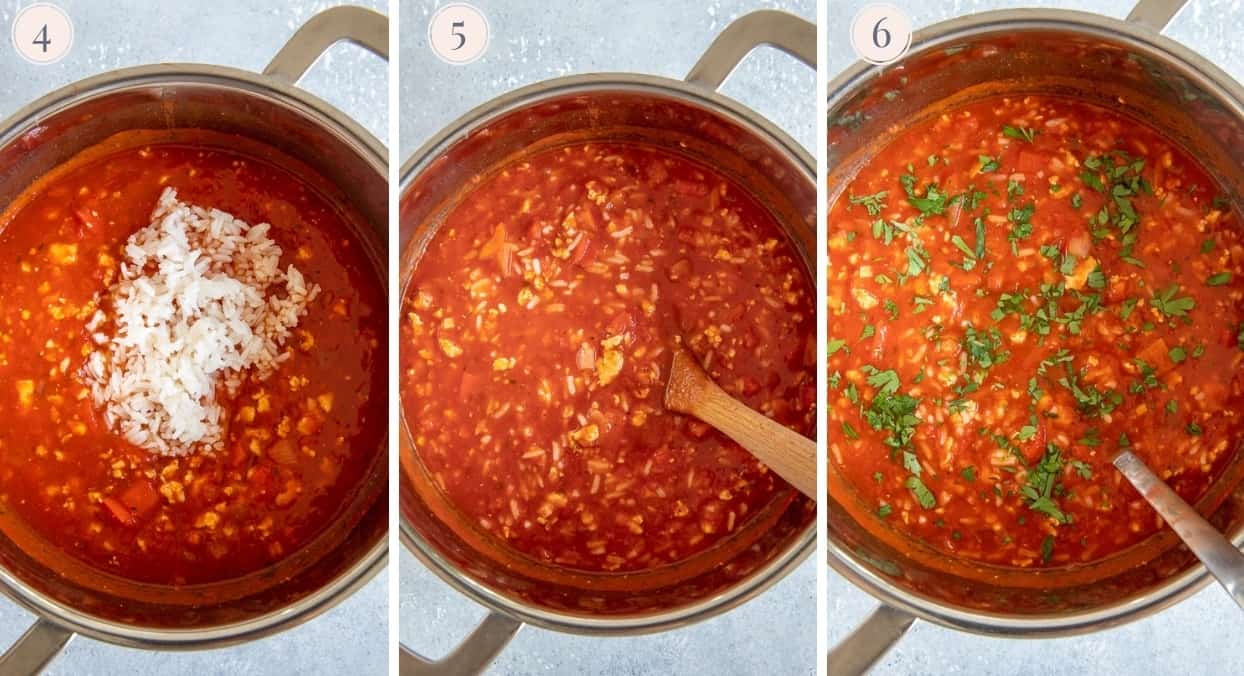 picture collage demonstrating how to make stuffed bell pepper soup in one pot 