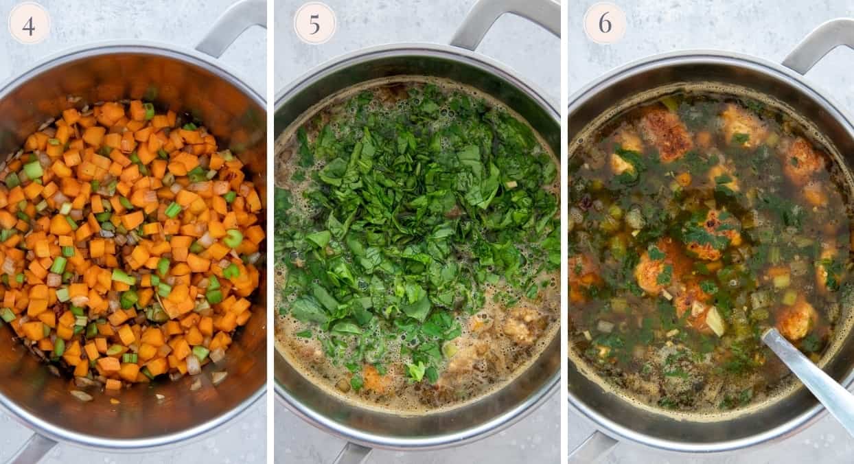 picture collage demonstrating how to make Italian wedding soup 