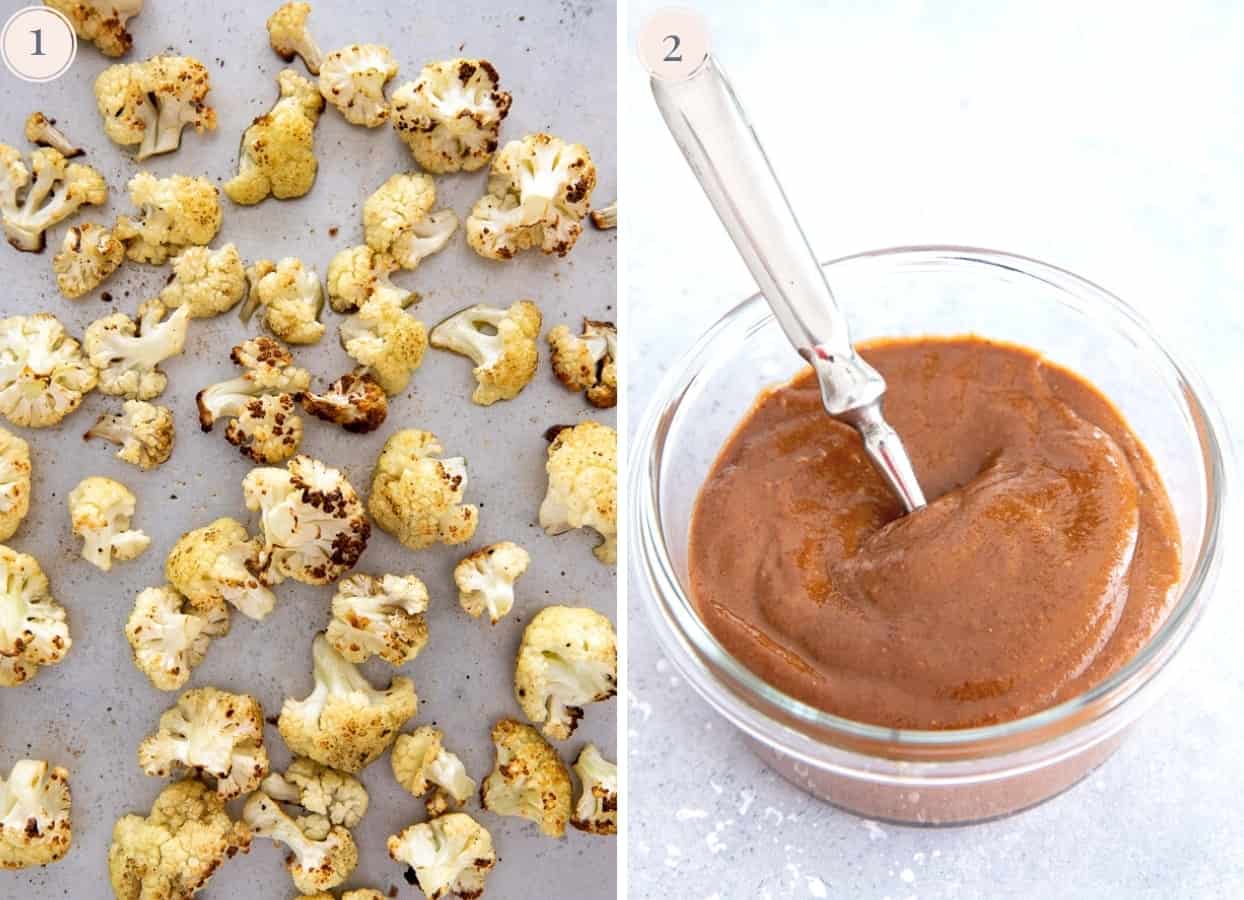 picture collage demonstrating how to roast cauliflower in the oven and stir together the almond butter sauce 