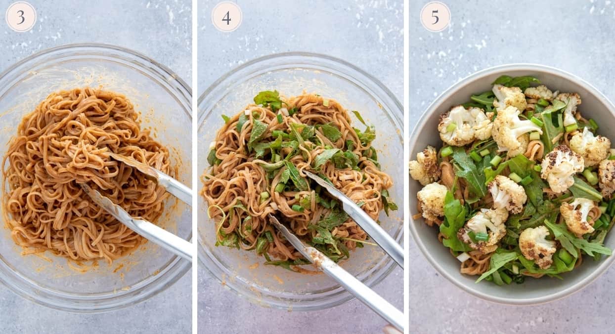 picture collage demonstrating how to make almond butter noodle bowls 