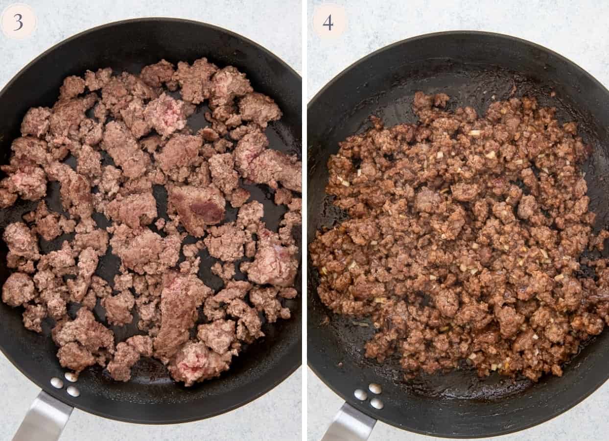 picture collage demonstrating how to make ground beef for banh mi bowls 