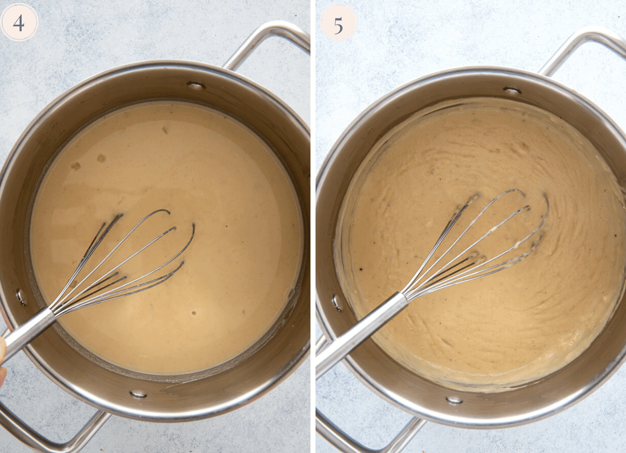 dairy-free vegan scalloped potato sauce being prepared in a saucepan