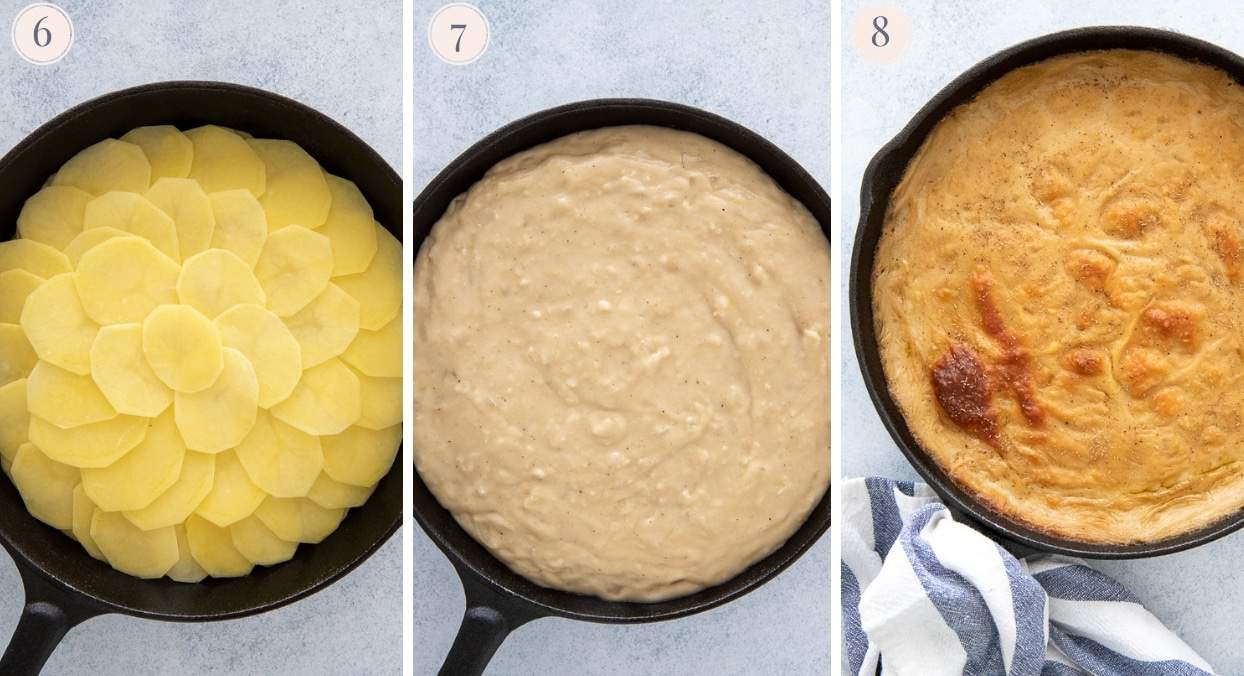 picture gallery demonstrating how to layer vegan scalloped potatoes in a skillet 