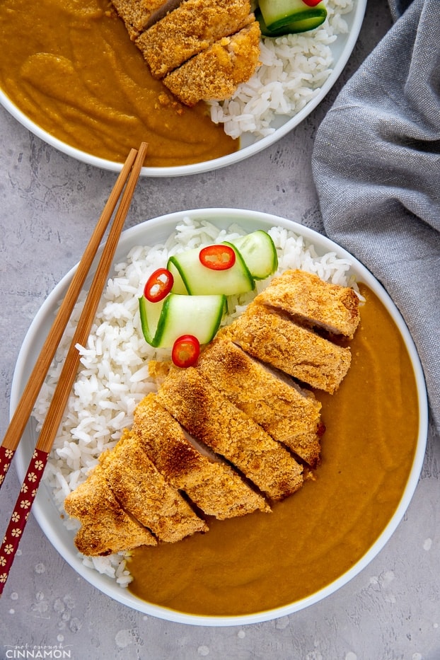 overhead shot of healthy paleo chicken katsu curry served with rice and mild Japanese curry sauce
