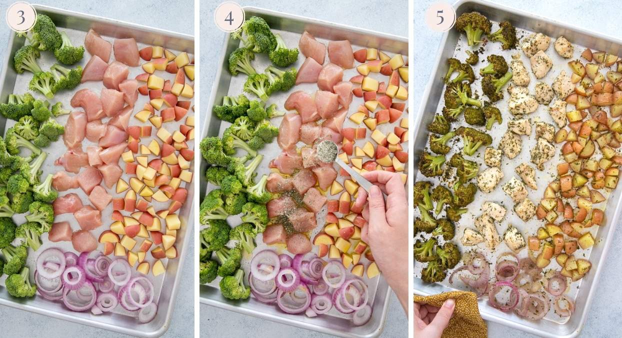 picture collage demonstrating how to make sheet pan ranch chicken