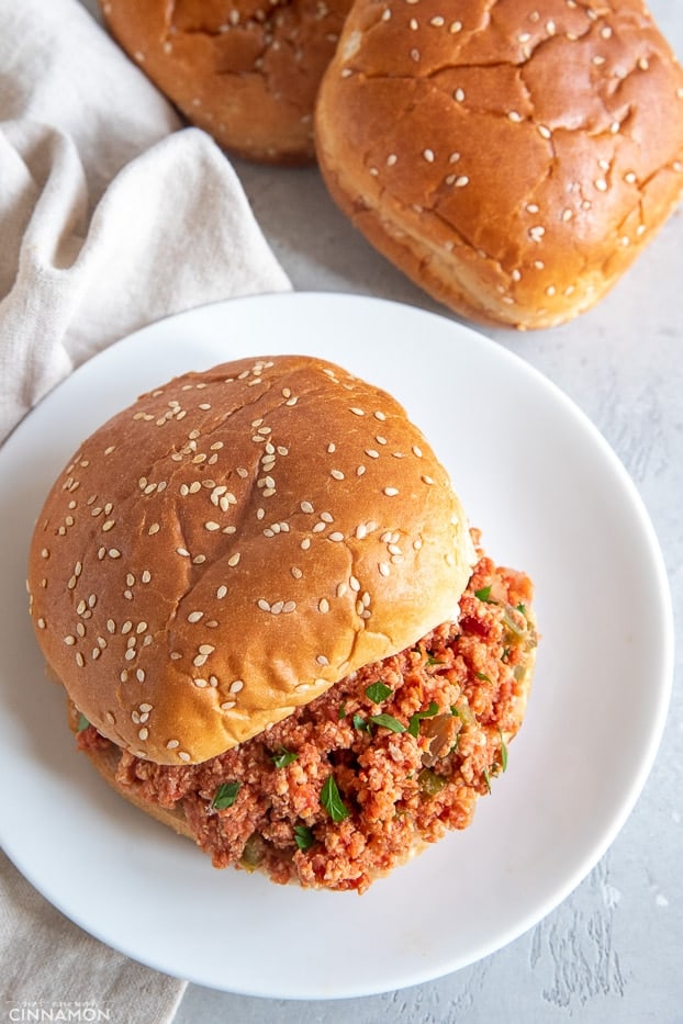 overhead shot of a burger bun filled with turkey sloppy joes 