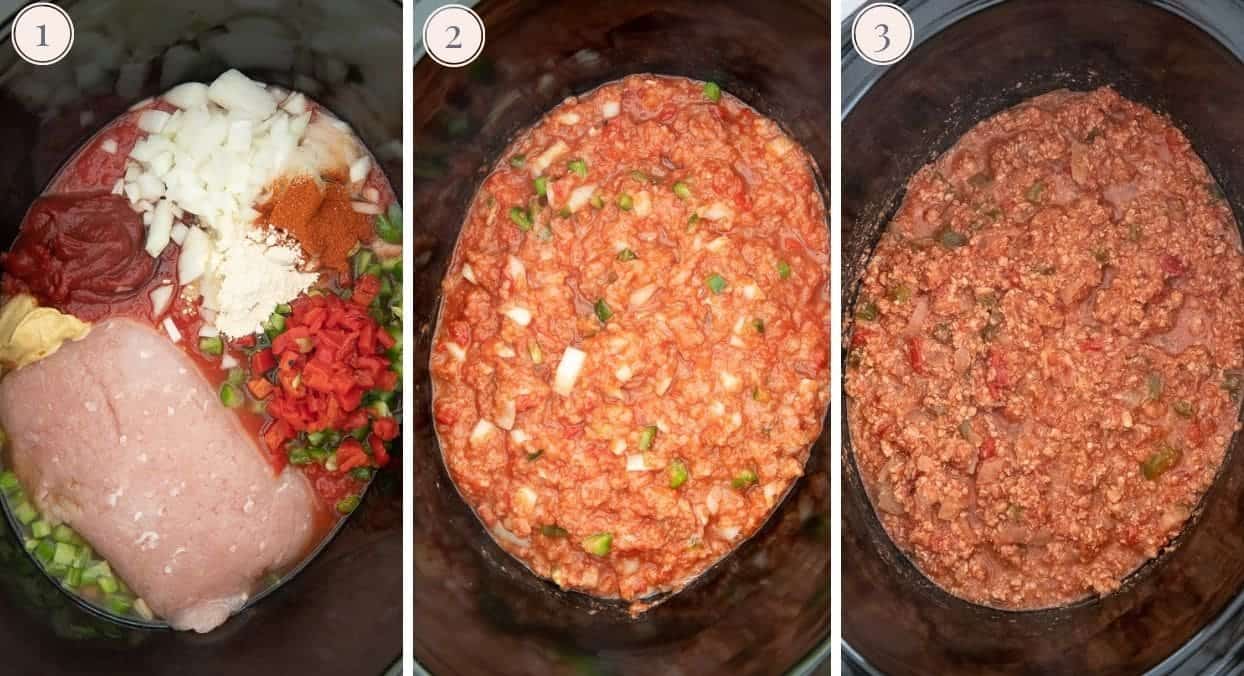 a picture collage demonstrating how to make turkey sloppy joes in a slow cooker
