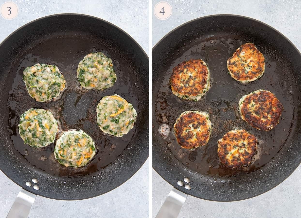 picture collage of paleo Ranch Chicken Poppers frying in a black frying pan