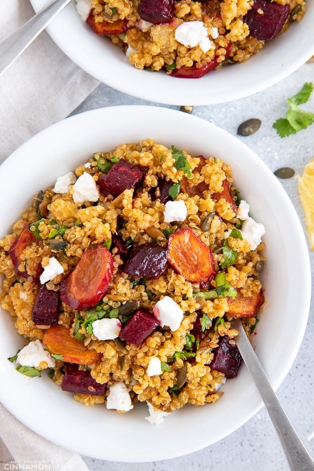 overhead shot of vegan quinoa salad with roasted beets and carrots 