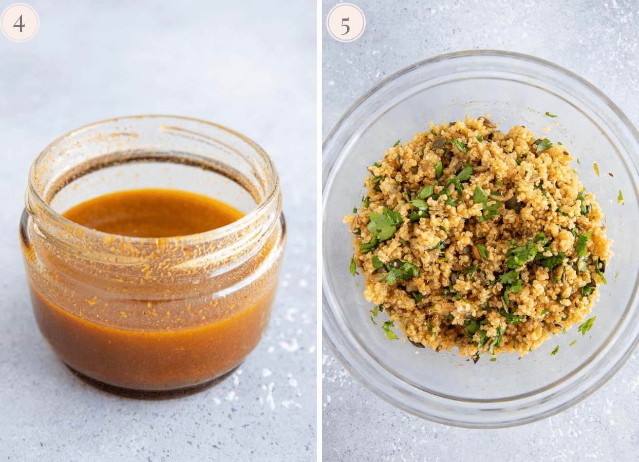 a picture collage with a small mason jar with orange dressing and a bowl of quinoa salad