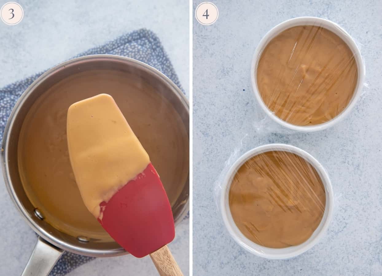 salted caramel pudding being cooked in a small saucepan