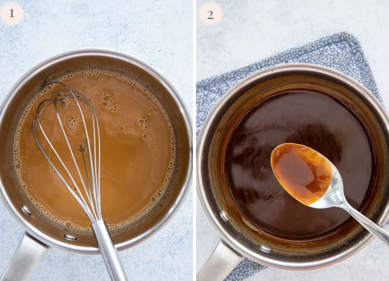 coconut caramel sauce being thickened in a saucepan