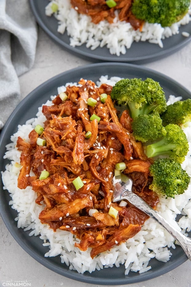 paleo slow cooker honey garlic chicken served over rice with a side of steamed broccoli