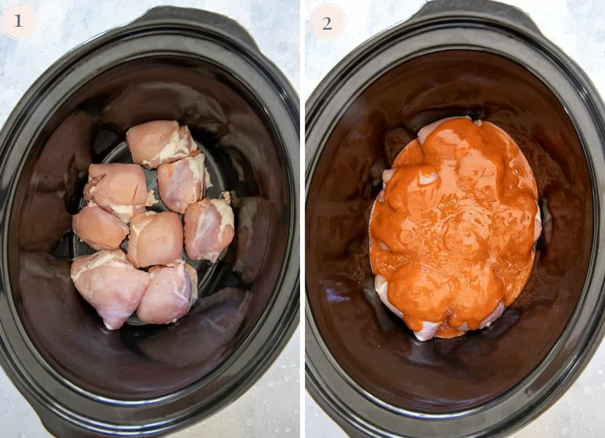 chicken thighs in a slow cooker being mixed with sauce to make honey garlic chicken