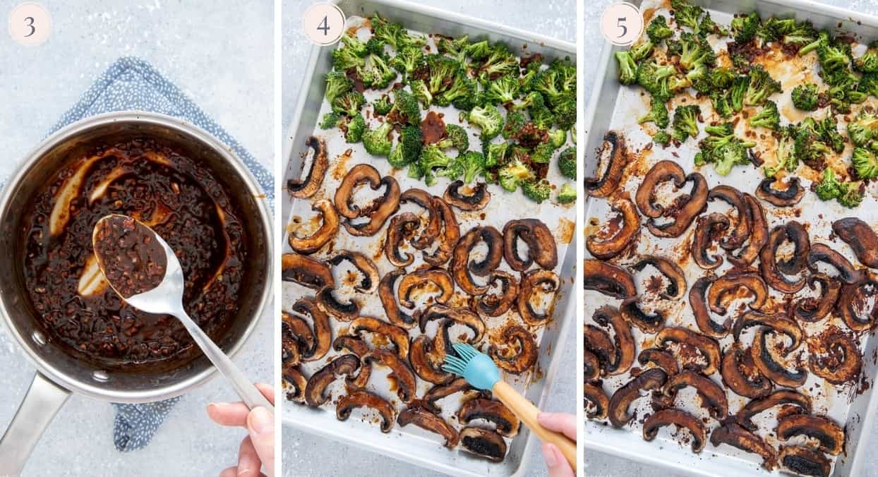 picture collage demonstrating how to glaze mushrooms and broccoli with teriyaki glaze for making rice bowls