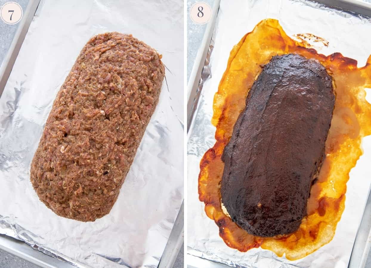 picture collage demonstrating how to shape and glaze a paleo turkey meatloaf