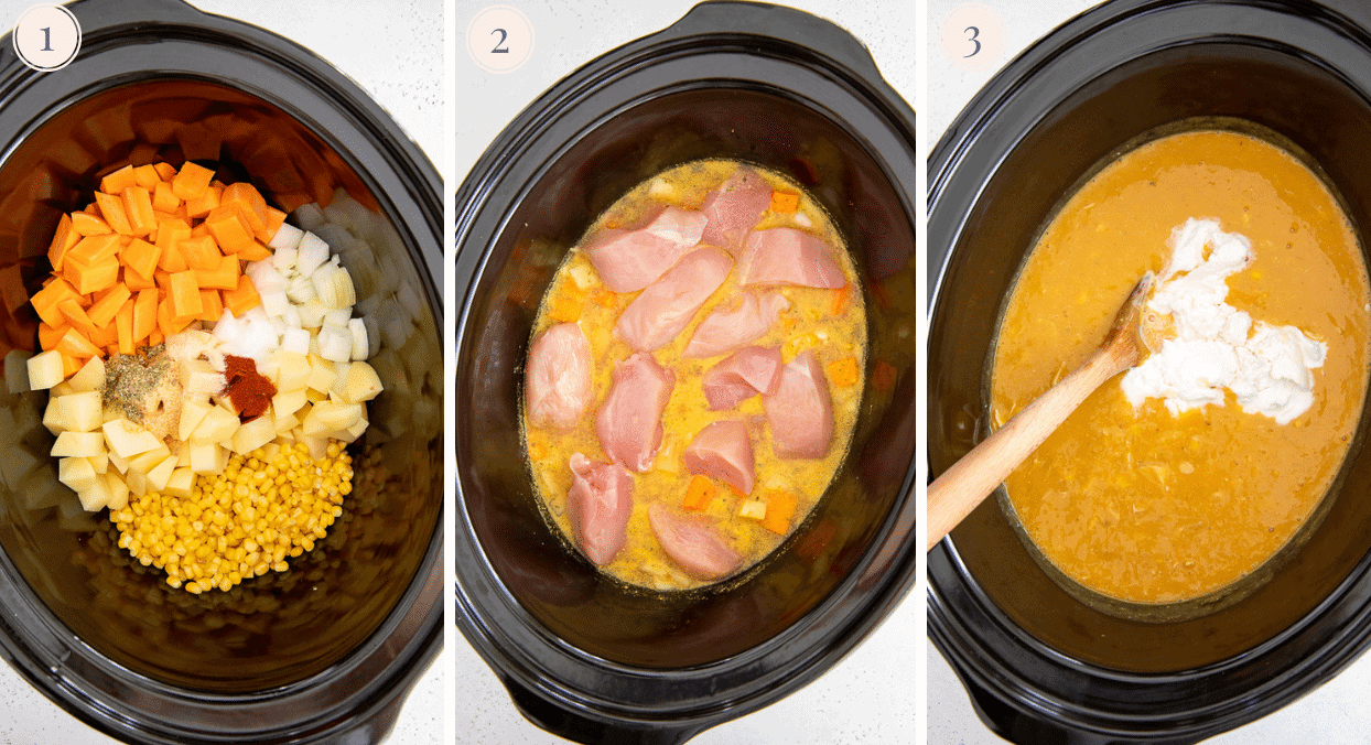 a picture collage demonstrating how to make healthy chicken corn chowder in a slow cooker 