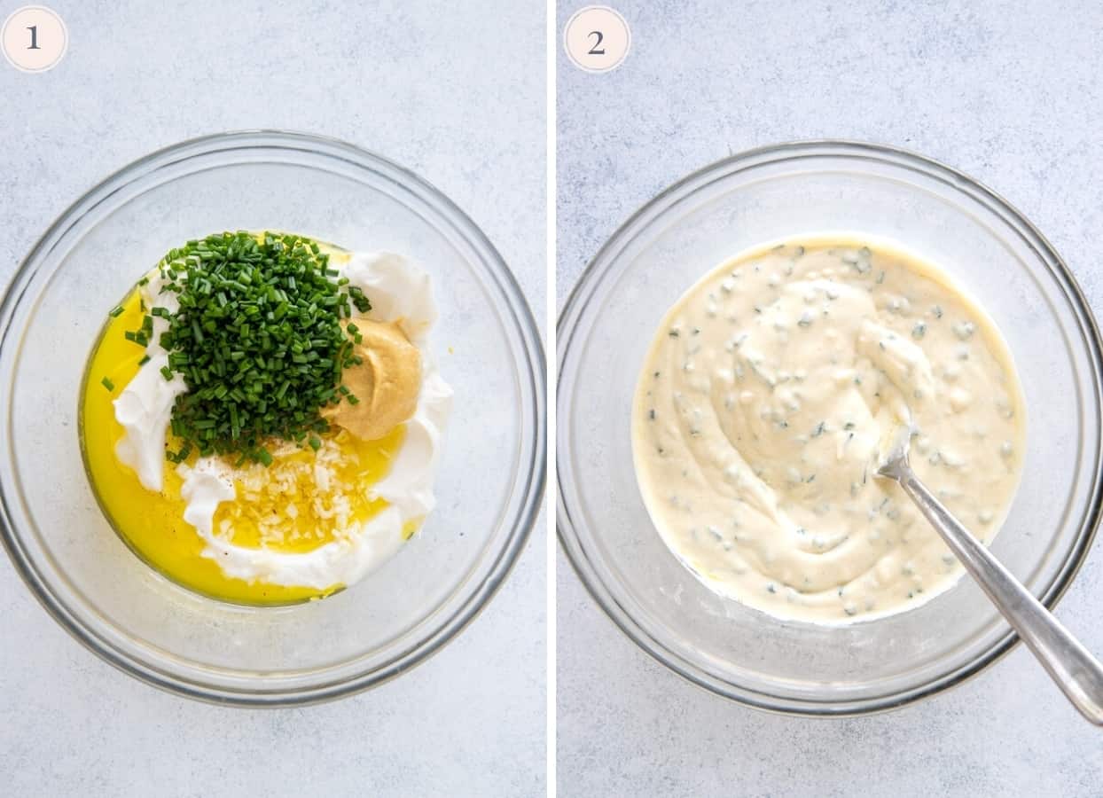 two picture collage demonstrating how to make Greek yogurt dressing for potato salad