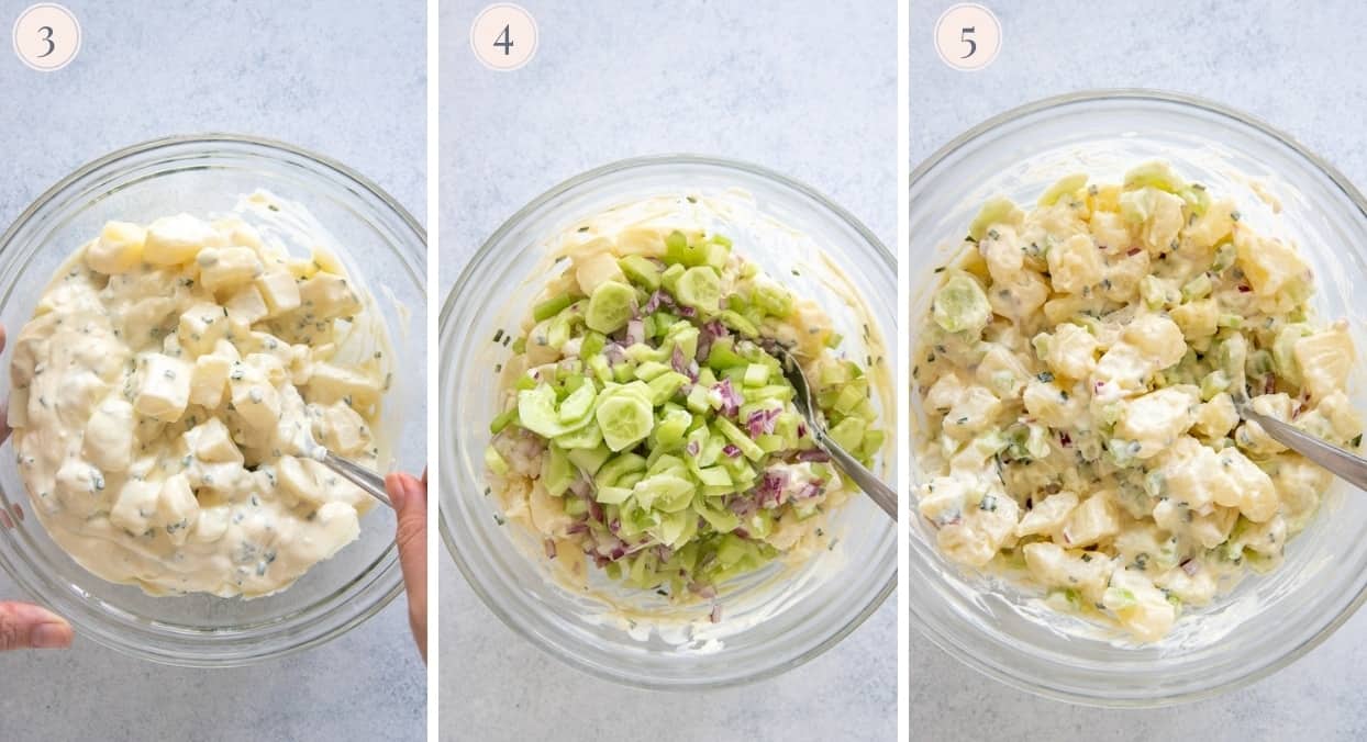 three picture collage demonstrating how to toss warm potatoes with Greek yogurt dressing
