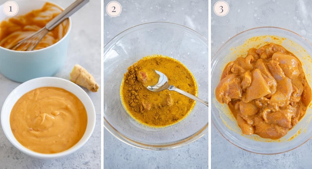 picture collage demonstrating how to marinate chicken thighs to make satay skewers 